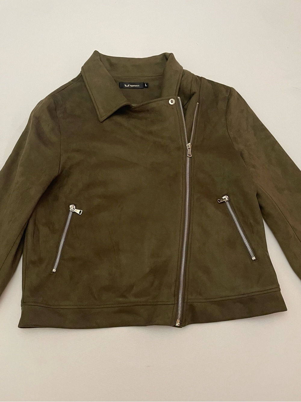 🫒✨ Apperloth A Olive Green Faux Suede Moto Jacket Size L